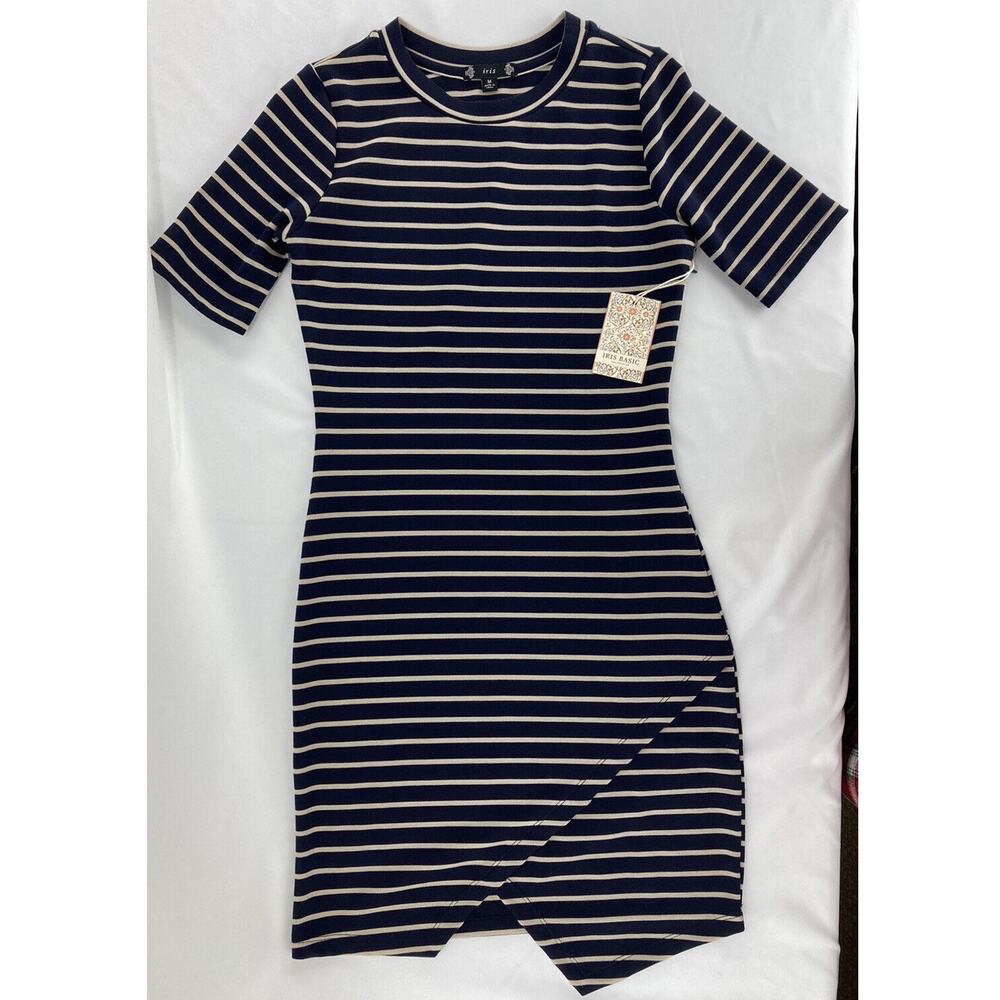 Iris Basic Womens Dress Medium Blue Tan Stripes Bodycon Asymmetrical Slit NWT